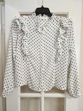 Active USA Polka Dot Ruffle Blouse Coquette Mock Neck Top Medium